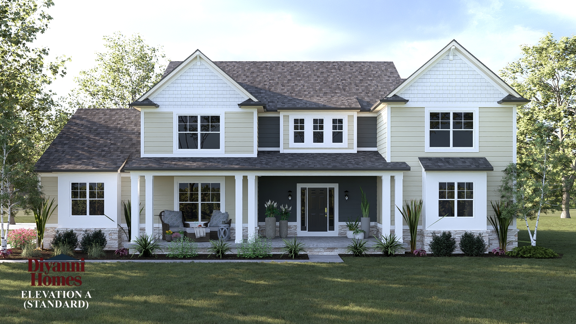 Elevation A - The following items are included as standard:
> Cultured stone plinth on front of house only.
> 3 car rear side load Garage.
> 10 x10 STRAIGHT Porch posts
> SYANDARD ROOF TRUSSES
