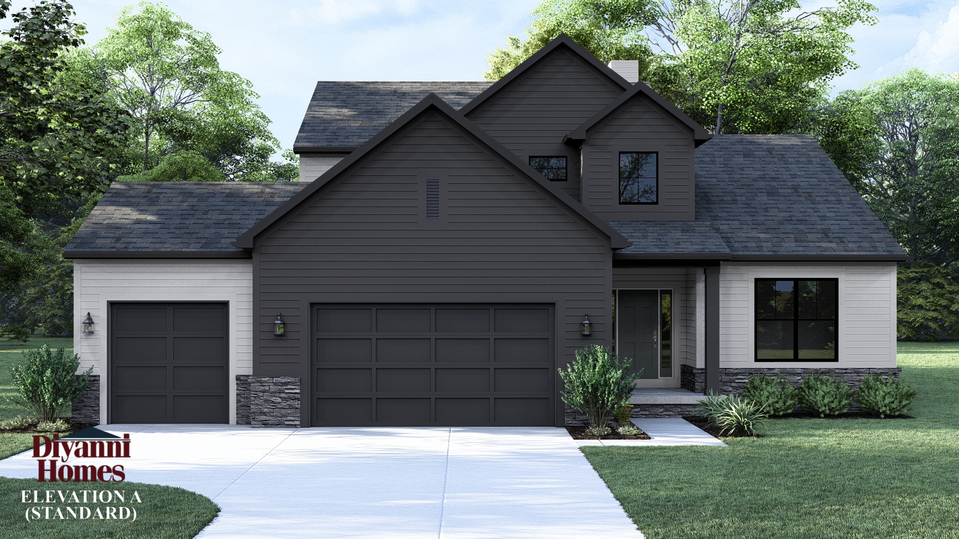 Elevation A - The following items are included as standard:
> Cultured stone plinth on front of house only.
> 3 car front load Garage.
> 10 x10 STRAIGHT Porch posts
> STANDARD ROOF TRUSSES
This elevation is showing optional items that are not included and they are to be priced separately. Optional:
> Black windows