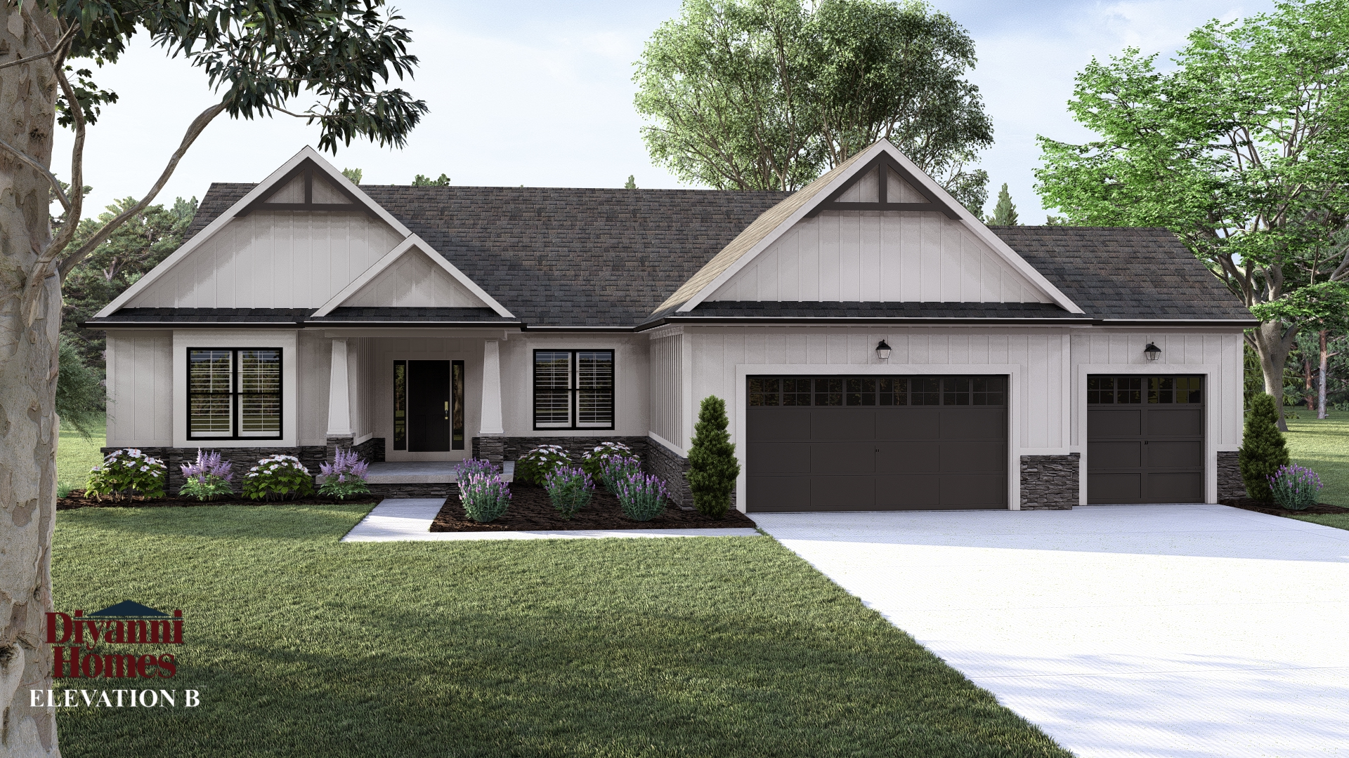 Elevation B - The following items are included as standard:
> Cultured stone plinth on front of house only.
> 3 car front load Garage.
> 10 x10 STRAIGHT Porch posts
> Expanded front Porch (54 SF)
> Bay window at BR 2 (adds 8 SF)
> STANDARD ROOF TRUSSES
OPTIONAL ITEMS PRICED SEPARATELY: This elevation is showing optional:
> Upgraded Garage Door Style.
> TAPERED Craftsman Porch posts with large wood bases
> Cultured stone at Porch post bases.
> Board & batten siding on front of home only
> Black windows.
