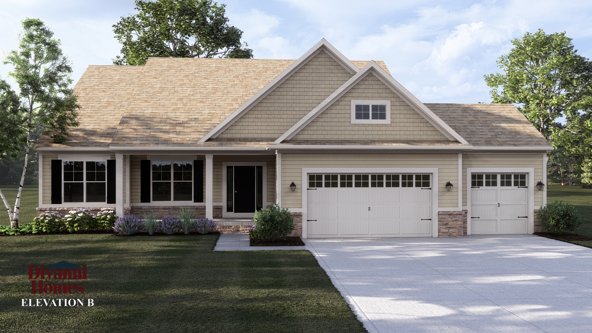 Elevation B - The following items are included as standard:
> Cultured stone plinth on front of house only.
> 3 car front load Garage.
> 10 x10 STRAIGHT Porch posts
> PREMIUM ROOF TRUSSES
> Expanded front Porch in front of Laundry (68 SF)
This elevation is showing optional items that are not included and they are to be priced separately. Optional:
> Upgraded Garage Door Style.
> Windows in Garage gable.