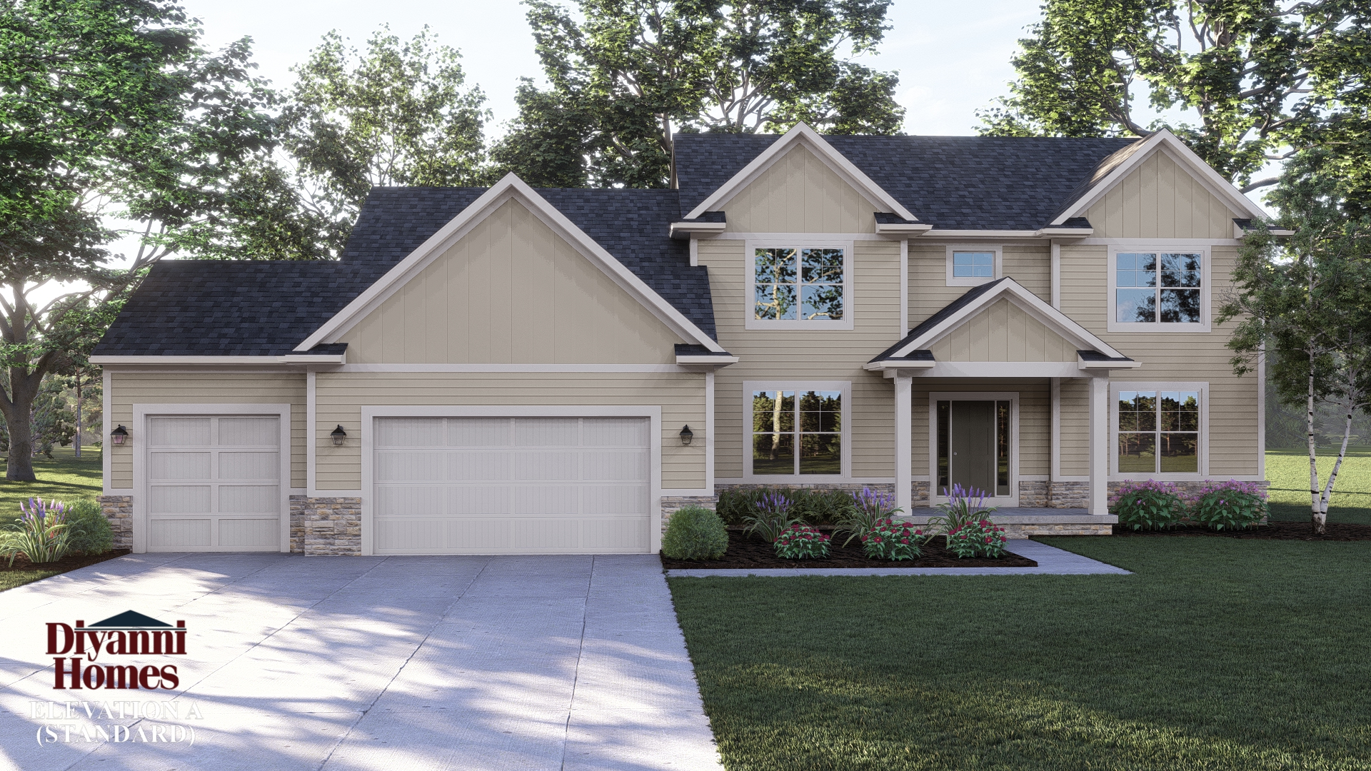 Elevation A - The following items are included as standard:
> Cultured stone plinth on front of house only.
> 3 car front load Garage.
> 10 x10 STRAIGHT Porch posts
> STANDARD ROOF TRUSSES