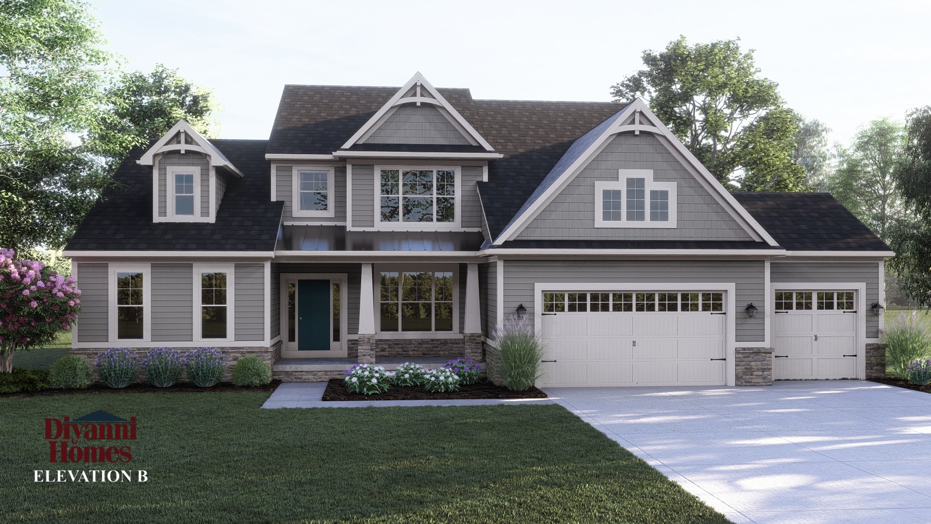 Elevation B - The following items are included as standard:
> Cultured stone plinth on front of house only.
> 3 car front load Garage.
> 10 x10 STRAIGHT Porch posts
> PREMIUM ROOF TRUSSES
> Expanded front Porch (82 SF)
This elevation is showing optional items that are not included and they are to be priced separately. Optional:
> Upgraded Garage Door Style.
> Dormer on roof. Dormer is NOT live.
> Windows in Garage gable.
> Metal roofing at Porch.
> TAPERED Craftsman Porch posts with large wood bases
> Cultured stone at Porch post bases.