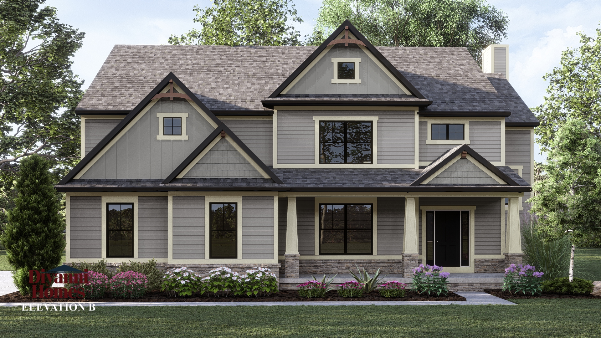 Elevation B - The following items are included as standard:
> Cultured stone plinth on front of house only.
> 3 car SIDELOAD load Garage.
> 10 x10 STRAIGHT Porch posts
> PREMIUM ROOF TRUSSES
> Expanded front Porch (adds 97 SF)
> Adds Father/Son Gable at Garage (adds 23 SF)
> Removes bump at BR 2 (deletes 8 SF)
> Add (2) gable fypons & (2) Gable details
This elevation is showing optional items that are not included and they are to be priced separately. Optional:
> TAPERED Craftsman Porch posts with large wood bases
> Cultured stone at porch post bases.
> Window in Garage gable, and gable on Main roof
> Black Windows
> Cedar at Gable Details