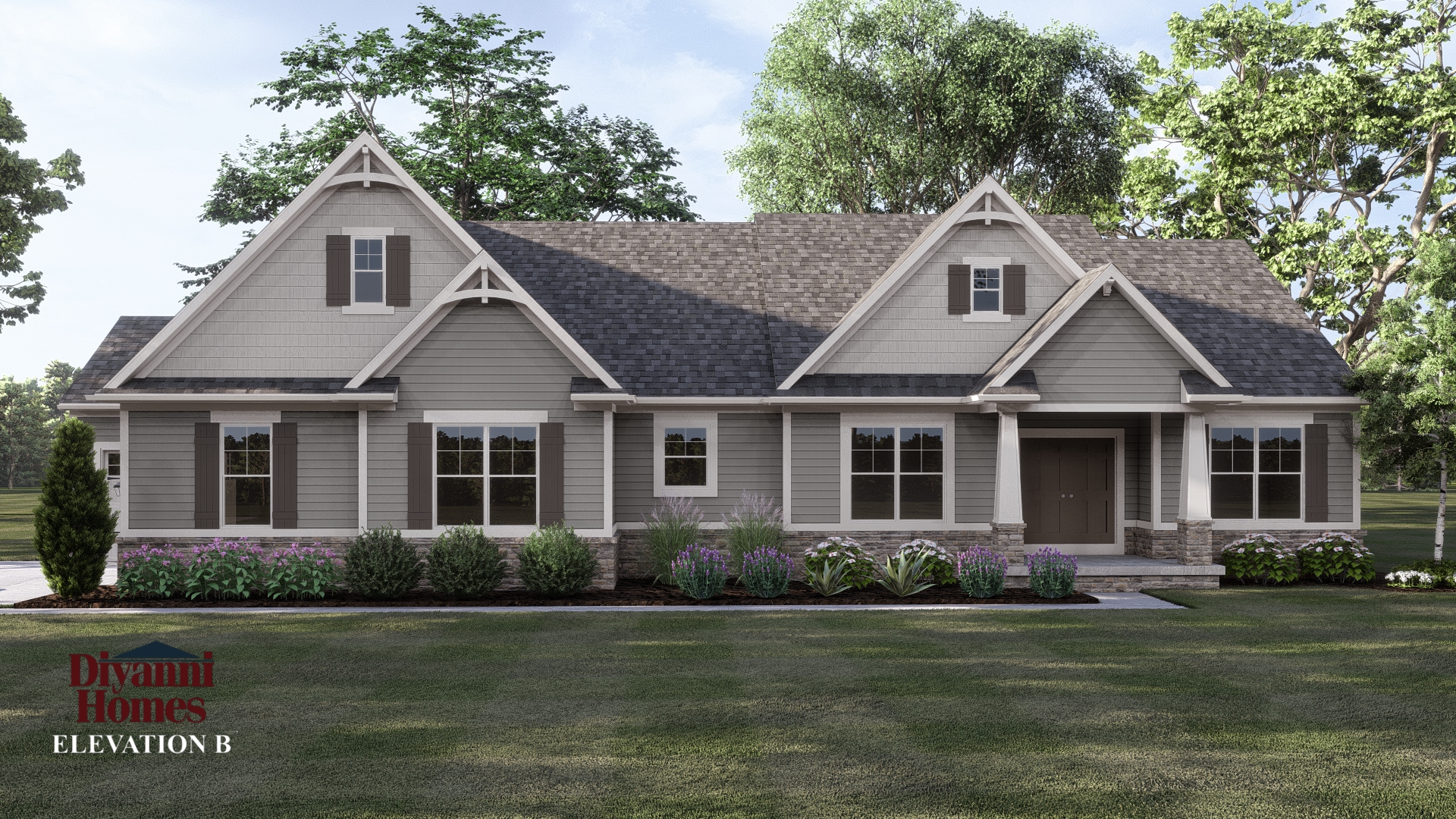 Elevation B - The following items are included as standard:
> Cultured stone plinth on front of home only.
> 3 car front load Garage.
> Separated Garage doors with Father/Son gable on main Garage is included as standard only when front load Garage is chosen.
> 10 x10 STRAIGHT Porch posts
> PREMIUM ROOF TRUSSES
This elevation is showing optional items that are not included and they are to be priced separately. Optional:
> 2 car side load Garage
> 3rd car setback Garage.
> TAPERED Craftsman Porch posts with large wood bases
> Cultured stone at porch post bases.
> Window in garage gable.
> Upgraded Front Entry Door Style
> Upgraded Garage Door Style.