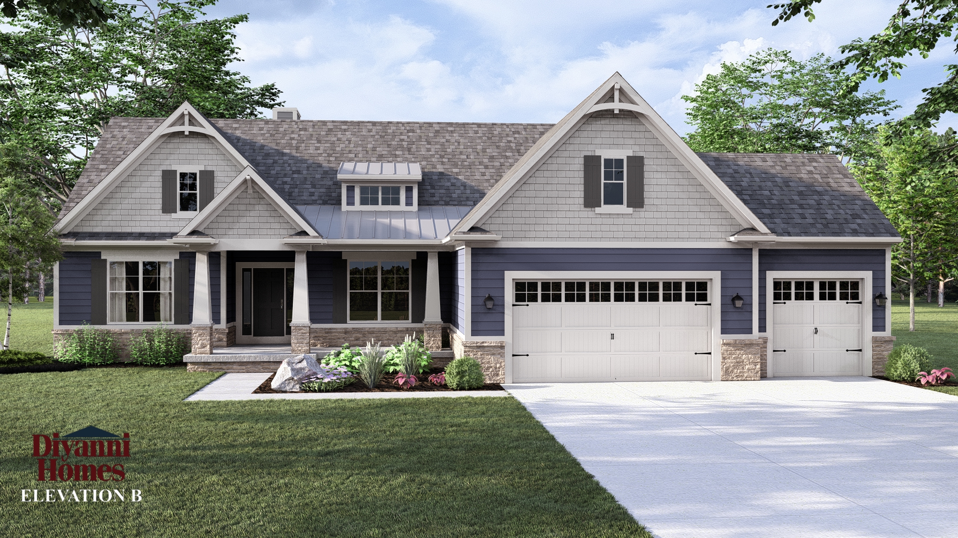 Elevation B - The following items are included as standard:
> Cultured stone plinth on front of house only.
> 3 car front load Garage.
> 10 x10 STRAIGHT Porch posts
> PREMIUM ROOF TRUSSES
> Expanded front Porch in front of Laundry (118 SF)
This elevation is showing optional items that are not included and they are to be priced separately. Optional:
> Upgraded Garage Door Style.
> Dormer on main roof.
> Metal roofing at dormer.
> Metal roofing at Porch.
> TAPERED Craftsman Porch posts with large wood bases
> Cultured stone at porch post bases.
> Window in Garage gable.
> Dormer is not live.